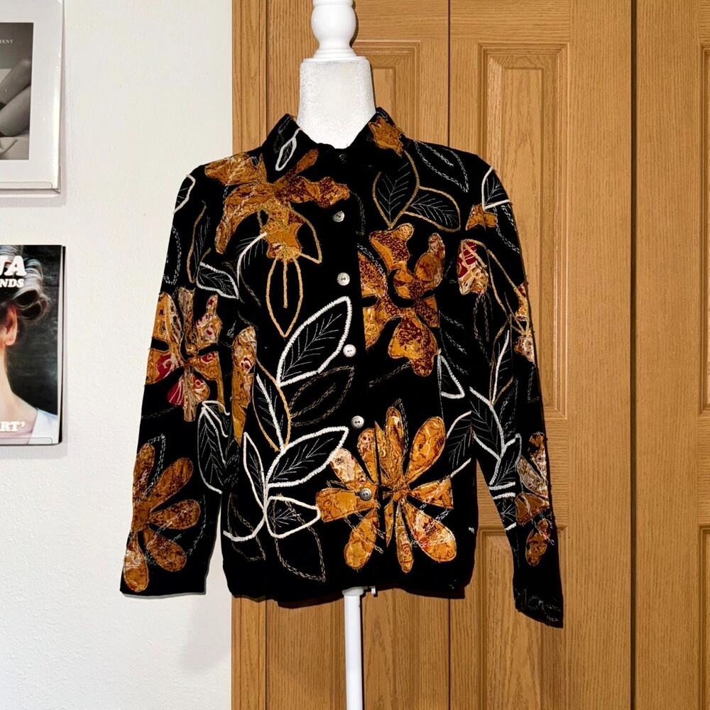 Vintage Laura Ashley Jacket Women’s Medium Black Floral Embroidered Button Front